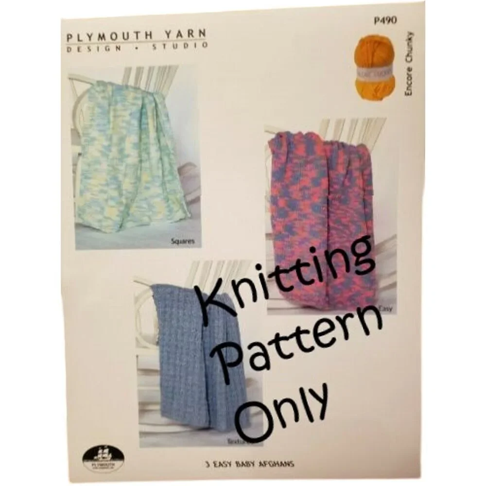 New 2005 Plymouth Yarn P490 Encore Chunky 3 Easy Baby Afghans Knitting Pattern